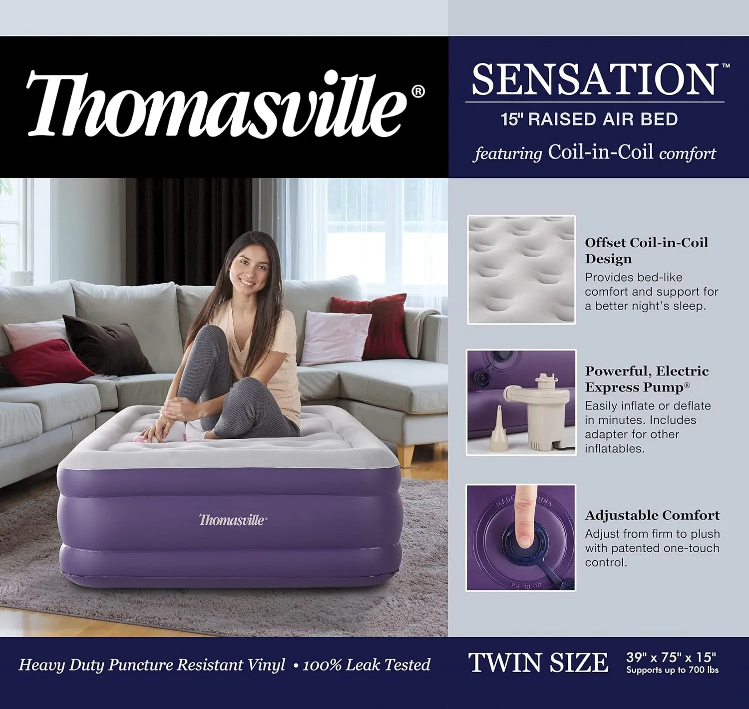 Thomasville Sensation Air Bed Mattress with Express Pump and Coil-in-Coil Comfort, 15" Twin