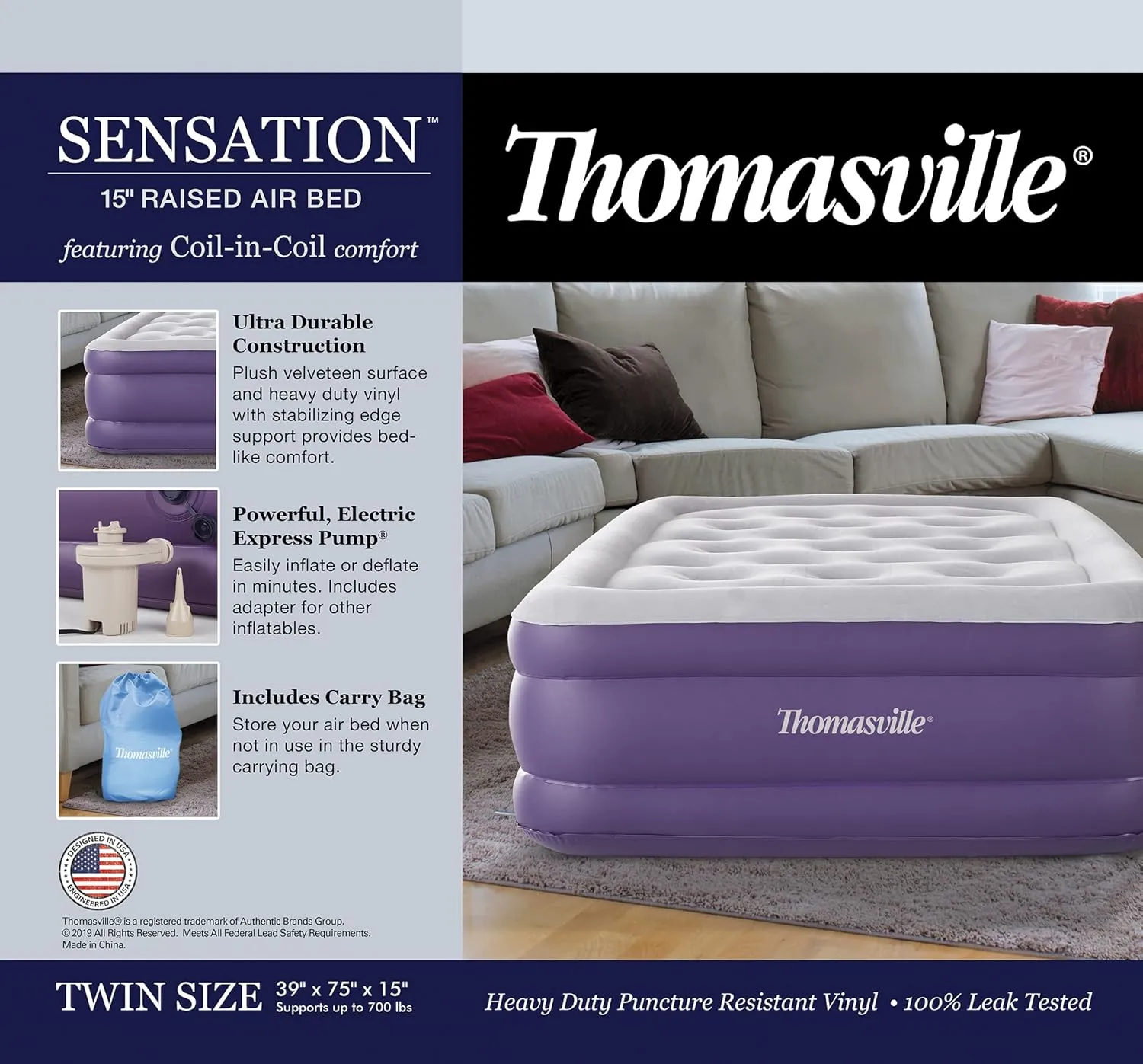 Thomasville Sensation Air Bed Mattress with Express Pump and Coil-in-Coil Comfort, 15" Twin