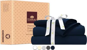 Tissaj Organic Cotton Sheets Cal King Size – Navy Blue – GOTS Certified – Durable Quality – Extra Deep Pockets & Secure Fit – Hotel Quality Sheets – Sateen Weave – with Carry Pouch – Set of 4