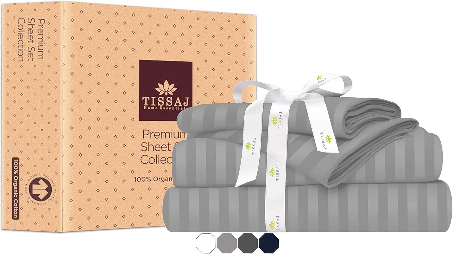 Tissaj Organic Cotton Sheets Twin Size – Damask Stripes Cloud Grey – GOTS Certified – Durable Quality – Extra Deep Pockets & Secure Fit – Hotel Quality Sheets – Sateen Weave – Set of 3