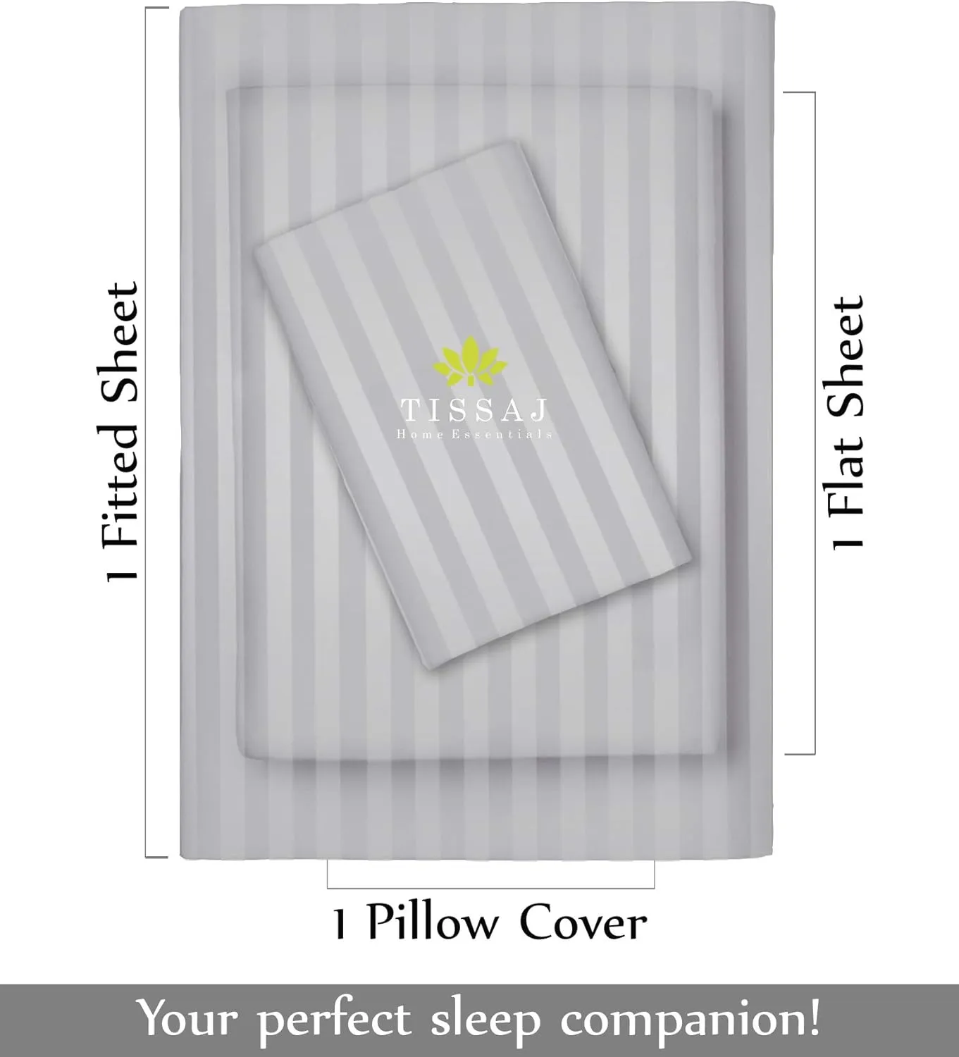 Tissaj Organic Cotton Sheets Twin Size – Damask Stripes Cloud Grey – GOTS Certified – Durable Quality – Extra Deep Pockets & Secure Fit – Hotel Quality Sheets – Sateen Weave – Set of 3