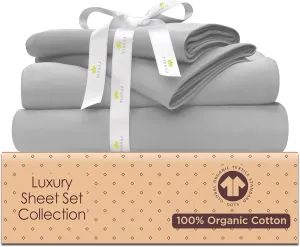 Tissaj Organic Cotton Sheets Twin XL – Cloud Grey – GOTS Certified – Durable Luxury Quality – Extra Deep Pockets & Secure Fit – Premium Bedding – Sateen Weave – with Carry Pouch – Set of 3