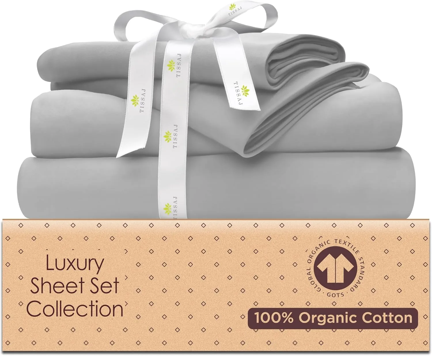 Tissaj Organic Cotton Sheets Twin XL – Cloud Grey – GOTS Certified – Durable Luxury Quality – Extra Deep Pockets & Secure Fit – Premium Bedding – Sateen Weave – with Carry Pouch – Set of 3