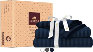 Tissaj Organic Cotton Sheets Twin XL Size – Damask Stripes Navy Blue – GOTS Certified – Durable Quality – Extra Deep Pockets & Secure Fit – Hotel Quality Sheets – Sateen Weave – Set of 3