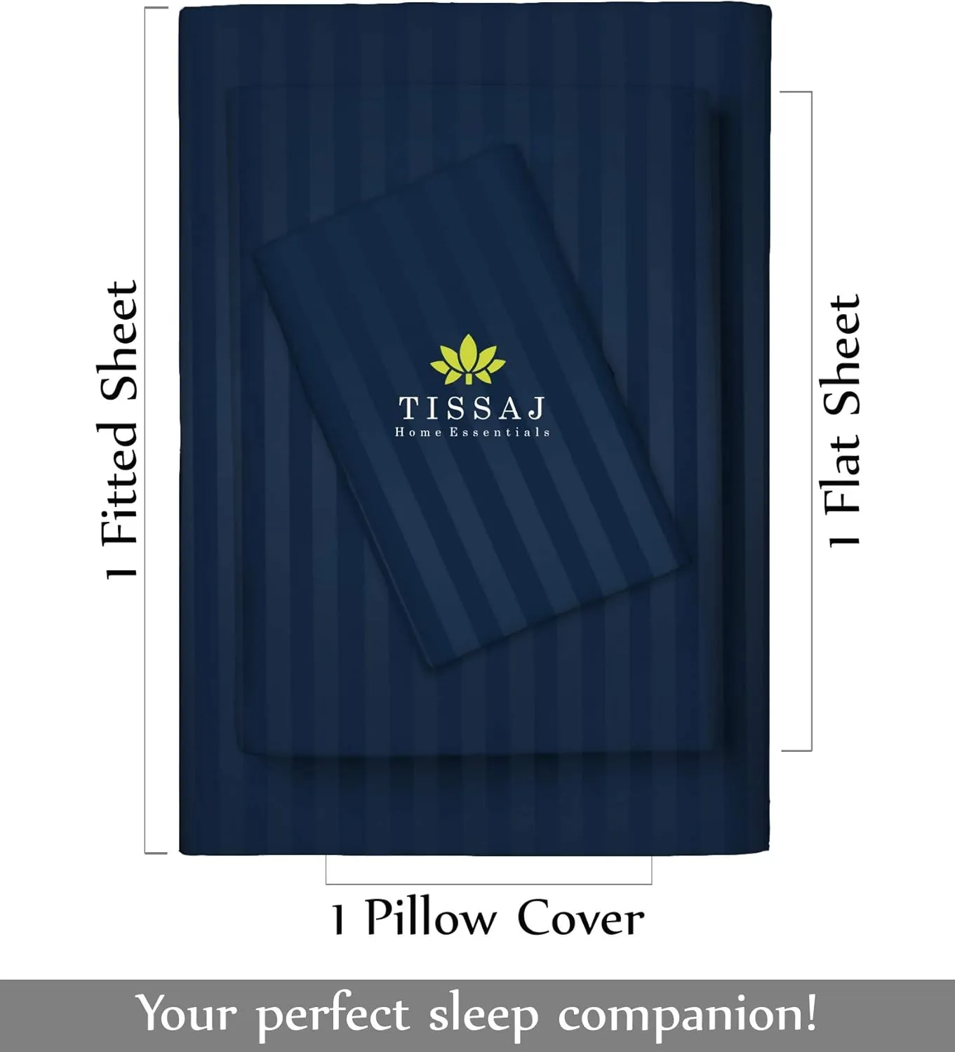 Tissaj Organic Cotton Sheets Twin XL Size – Damask Stripes Navy Blue – GOTS Certified – Durable Quality – Extra Deep Pockets & Secure Fit – Hotel Quality Sheets – Sateen Weave – Set of 3