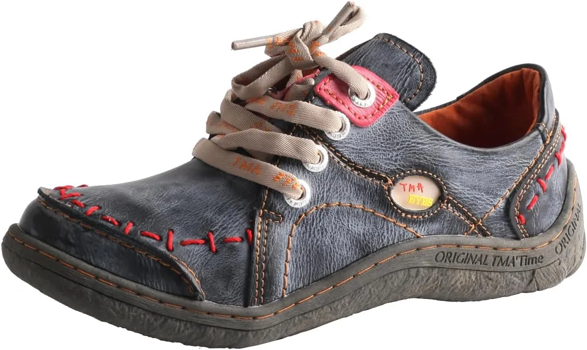 TMA EYES Women Retro Lace-up Leather Soft Sole Shoes with Hand-Stitch Design