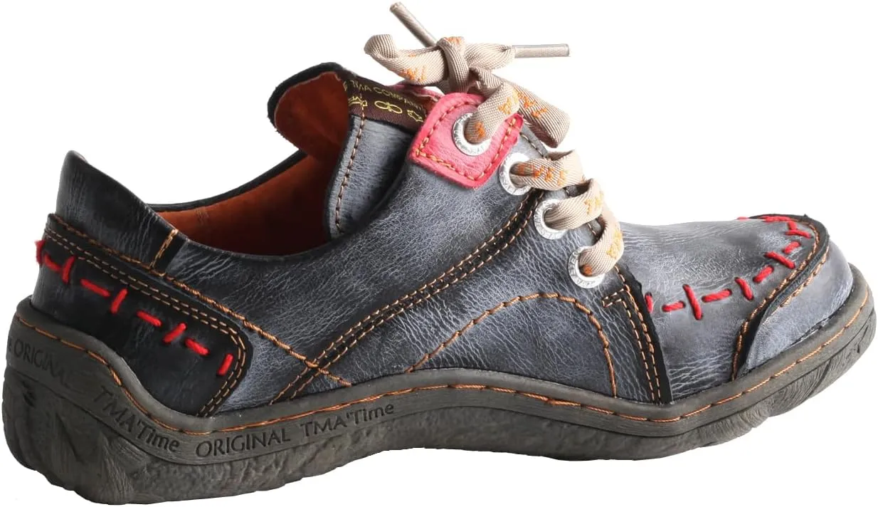 TMA EYES Women Retro Lace-up Leather Soft Sole Shoes with Hand-Stitch Design