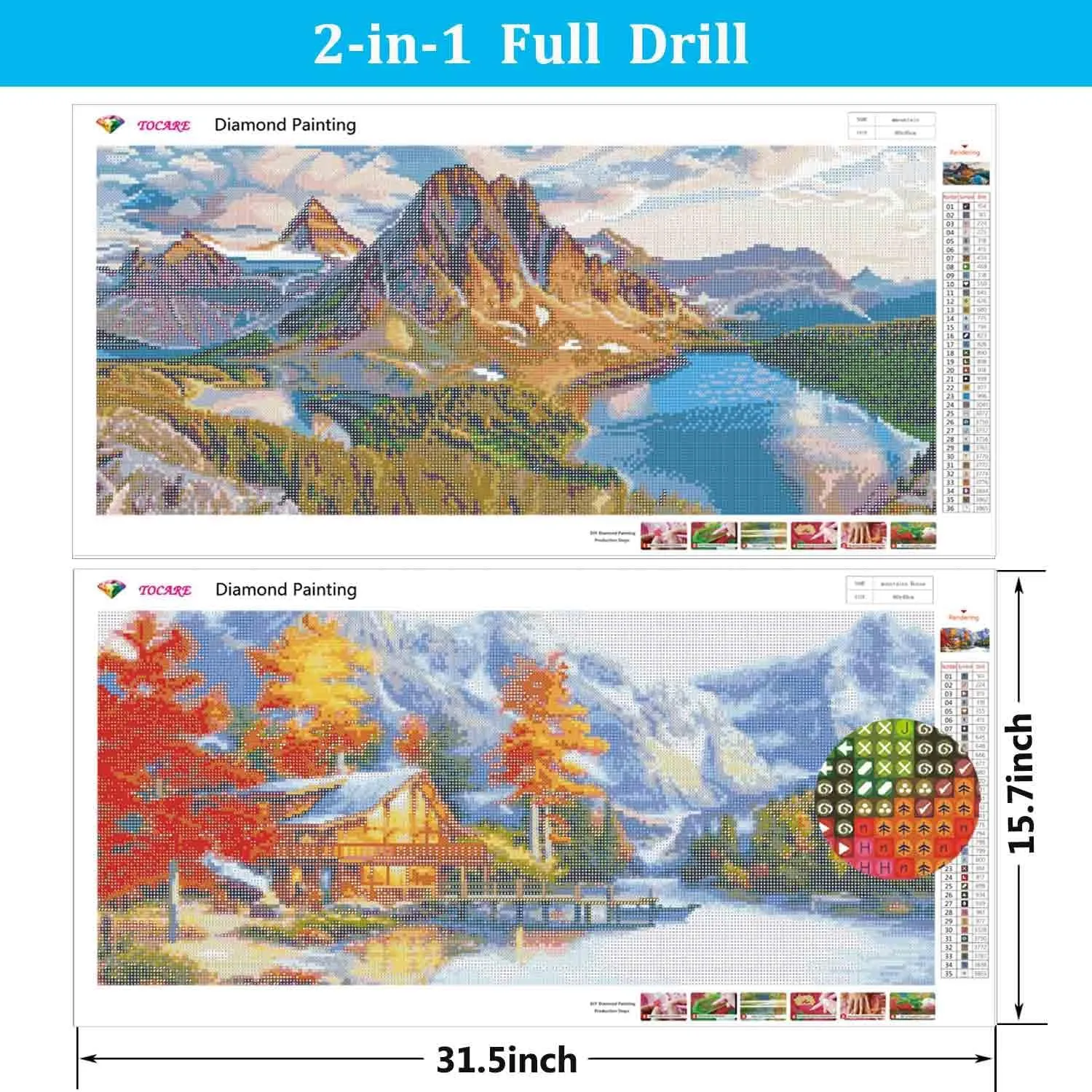 TOCARE 2 Pack Diamond Painting Kits for Adults,Large Diamond Painting Nature Landscape Scenes 15.7x31.5Inch, Large Diamond Art Kits for Adults Mountains Cabin