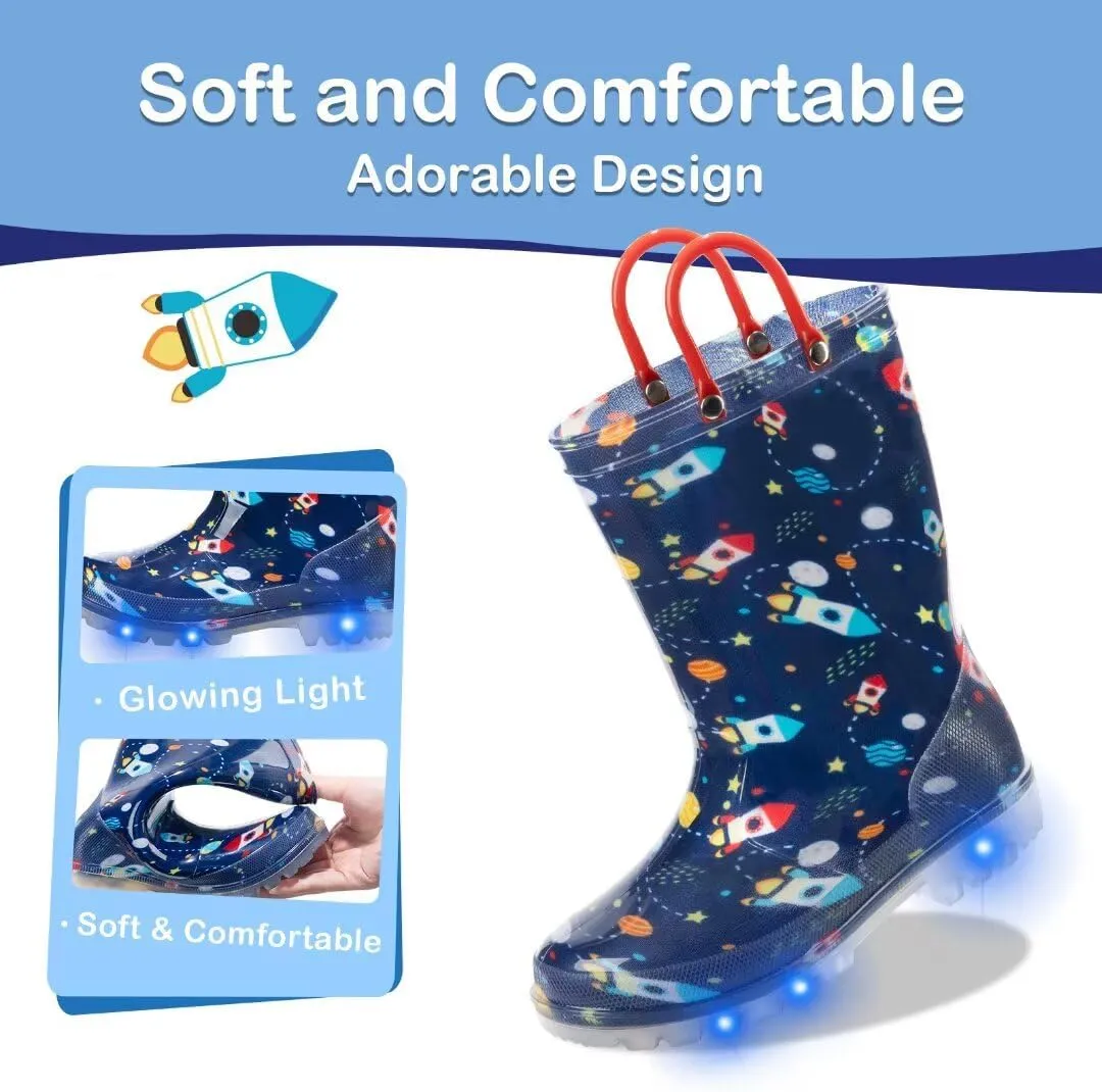 Toddler Kids Rain Boots Boys Girls Light Up Waterproof Boot with Handles