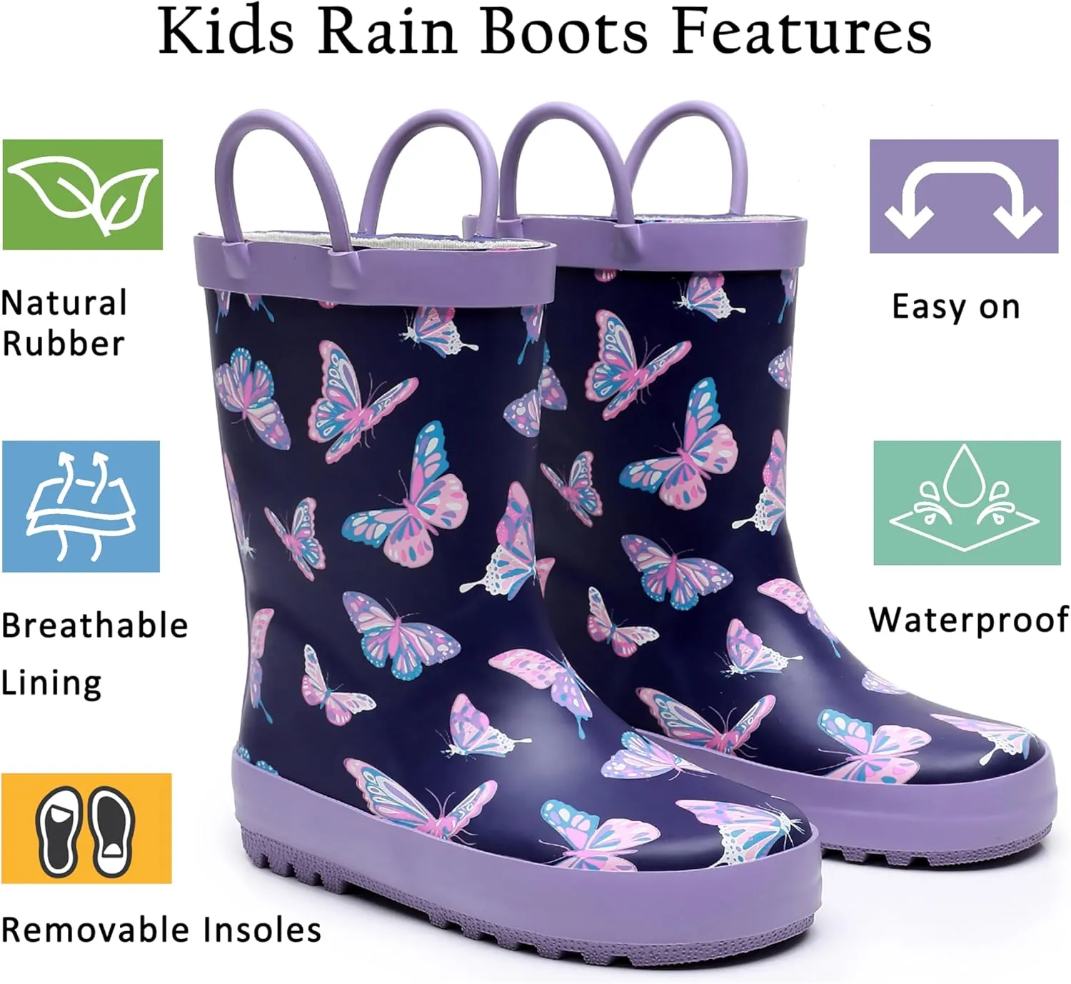 Toddler Rain Boots for Boys and Girls Waterproof Rubber Kids Rain Boots with Easy on Handles All-season