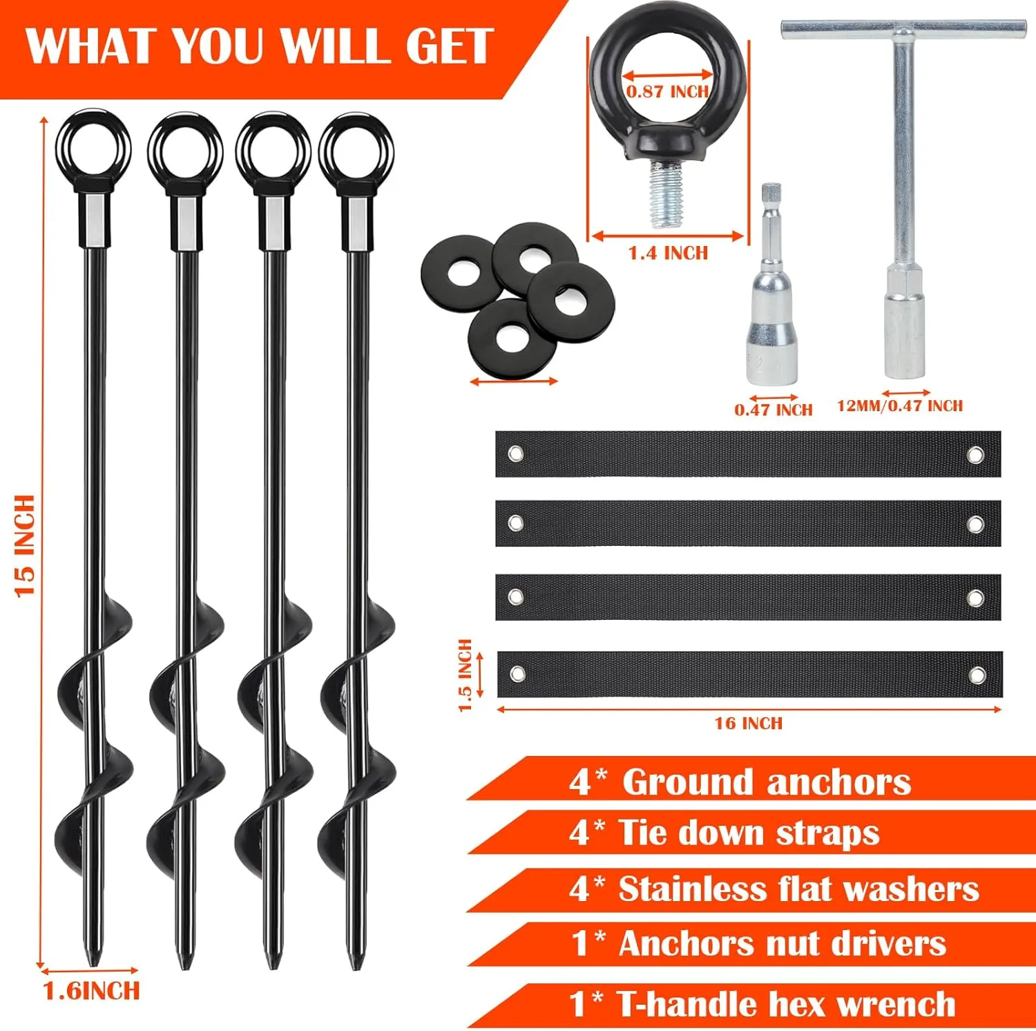 Trampoline Anchors High Wind Heavy Duty 15" Set of 4, Earth Ground Anchor Screw in, Trampoline Wind Stakes with Straps, Shed Anchor Kit for Mobile Home, Canopies, Carport, Gazebo, Swing Set