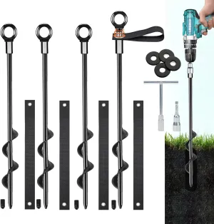 Trampoline Anchors High Wind Heavy Duty 15" Set of 4, Earth Ground Anchor Screw in, Trampoline Wind Stakes with Straps, Shed Anchor Kit for Mobile Home, Canopies, Carport, Gazebo, Swing Set
