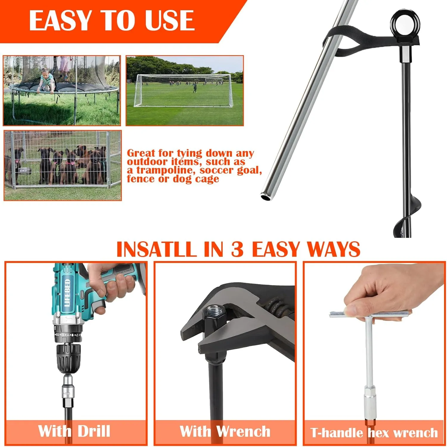 Trampoline Anchors High Wind Heavy Duty 15" Set of 4, Earth Ground Anchor Screw in, Trampoline Wind Stakes with Straps, Shed Anchor Kit for Mobile Home, Canopies, Carport, Gazebo, Swing Set
