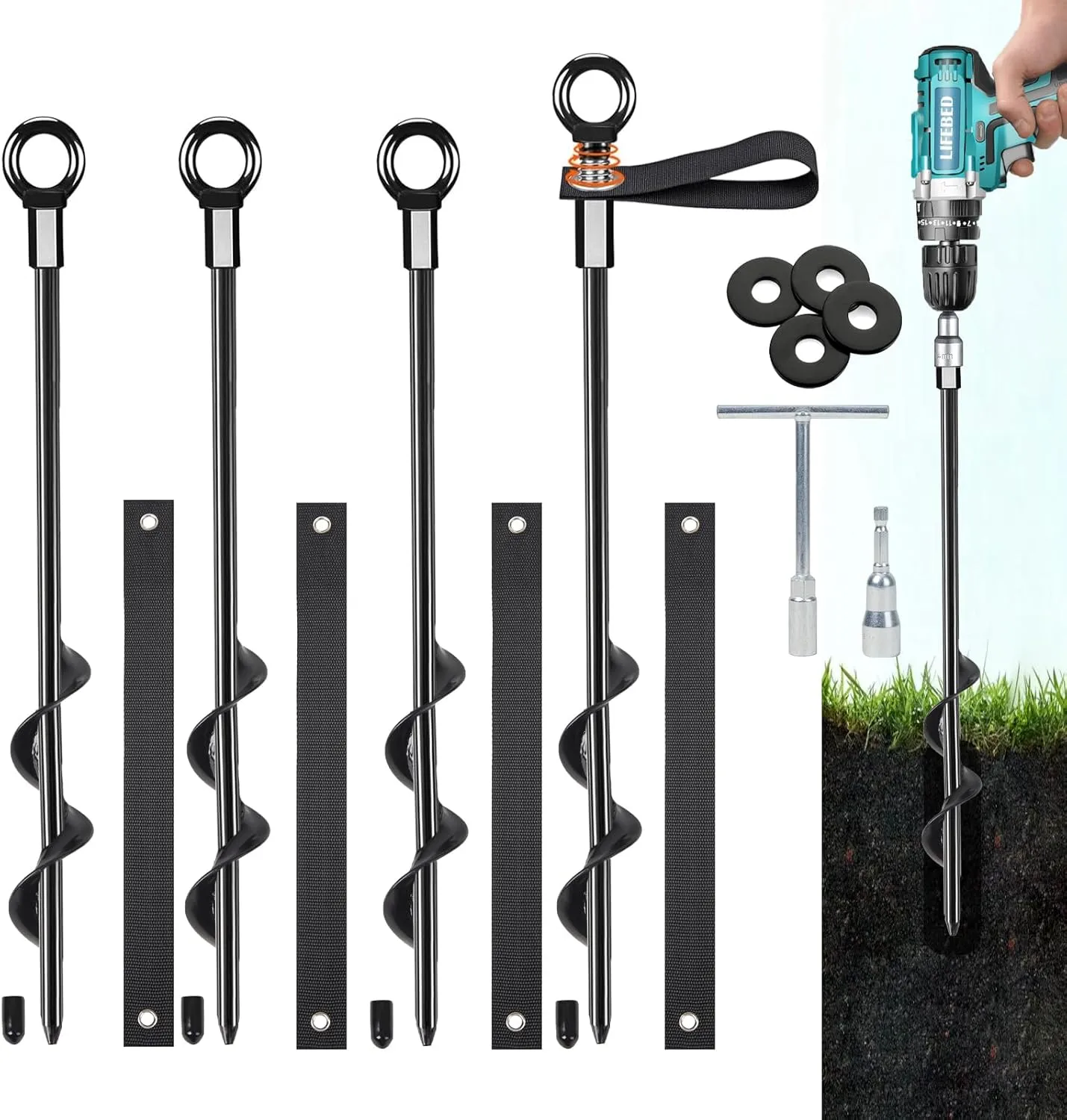 Trampoline Anchors High Wind Heavy Duty 15" Set of 4, Earth Ground Anchor Screw in, Trampoline Wind Stakes with Straps, Shed Anchor Kit for Mobile Home, Canopies, Carport, Gazebo, Swing Set