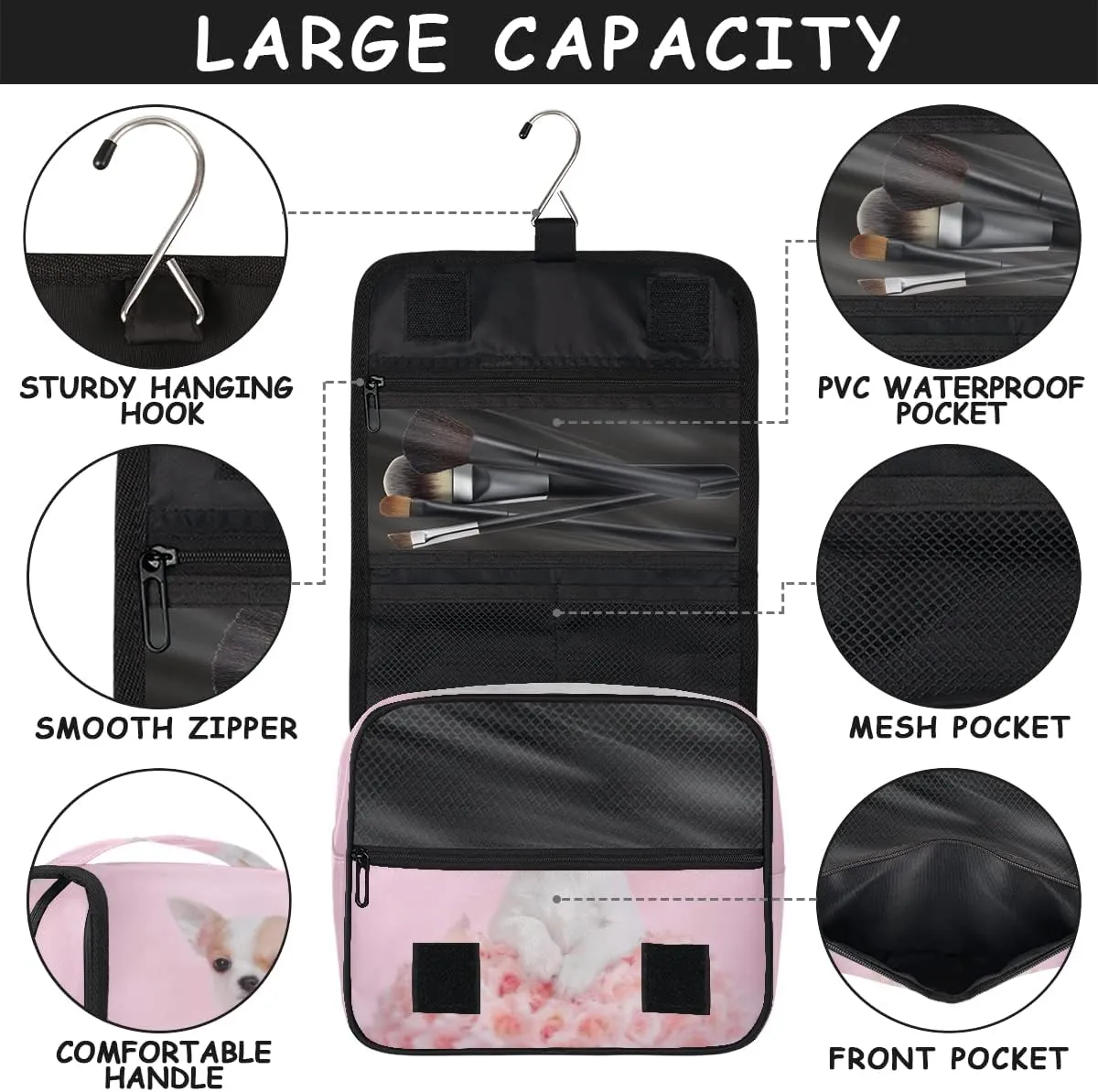 Travel Hanging Toiletry Bag for Women Men Cute Chihuahua Puppy Cosmetic Bag Waterproof Makeup Organizer for Accessories, Shampoo, Full Sized Container, Toiletries for Bathroom Shower