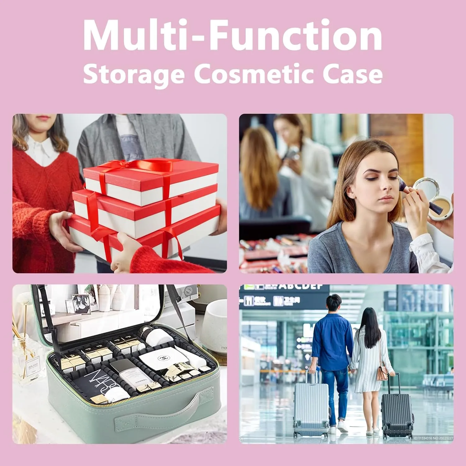 Travel Makeup Bag with LED Lighted Mirror, Travel Makeup Organizer,3 Color Setting Cosmetic Makeup Box, Adjustable Dividers and Brush Holder（Light Pink）