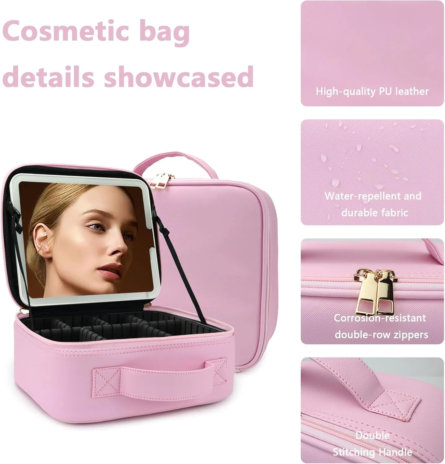 Travel Makeup Bag with LED Lighted Mirror, Travel Makeup Organizer,3 Color Setting Cosmetic Makeup Box, Adjustable Dividers and Brush Holder（Light Pink）