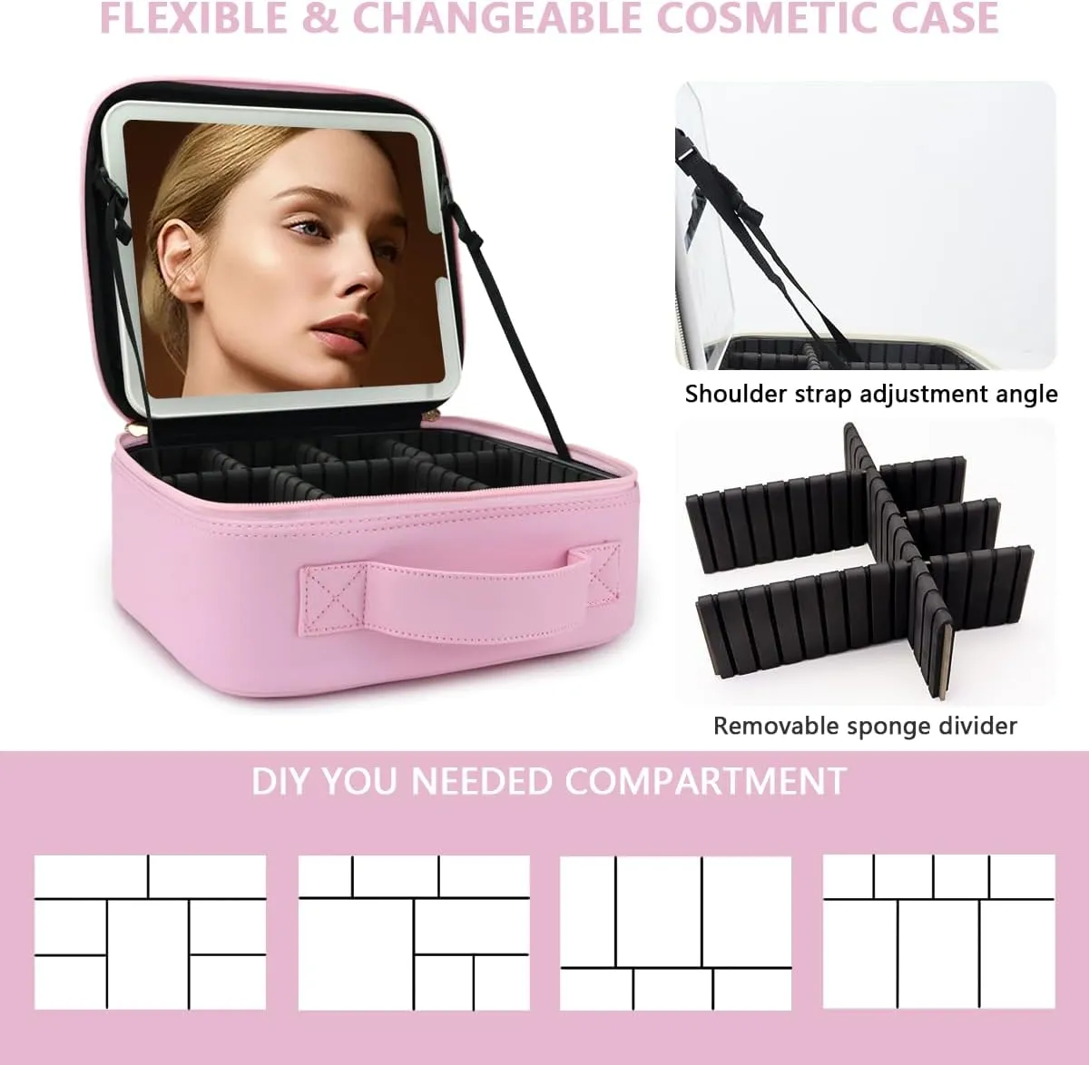 Travel Makeup Bag with LED Lighted Mirror, Travel Makeup Organizer,3 Color Setting Cosmetic Makeup Box, Adjustable Dividers and Brush Holder（Light Pink）