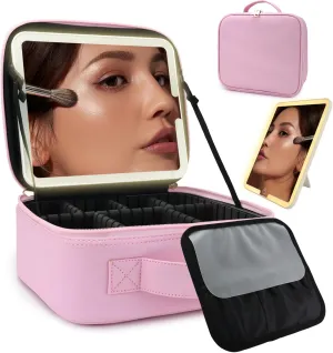 Travel Makeup Bag with LED Lighted Mirror, Travel Makeup Organizer,3 Color Setting Cosmetic Makeup Box, Adjustable Dividers and Brush Holder（Light Pink）
