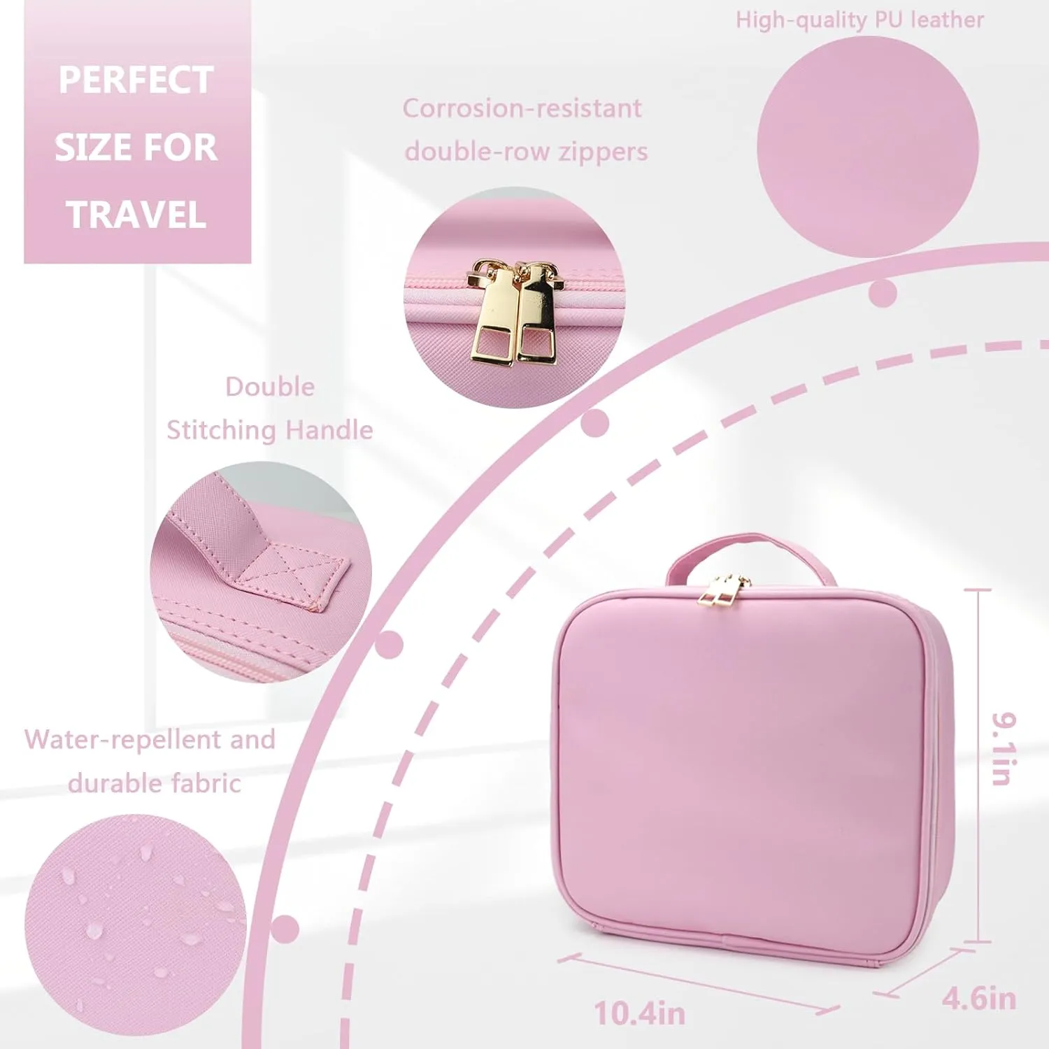 Travel Makeup Bag with LED Lighted Mirror, Travel Makeup Organizer,3 Color Setting Cosmetic Makeup Box, Adjustable Dividers and Brush Holder（Light Pink）