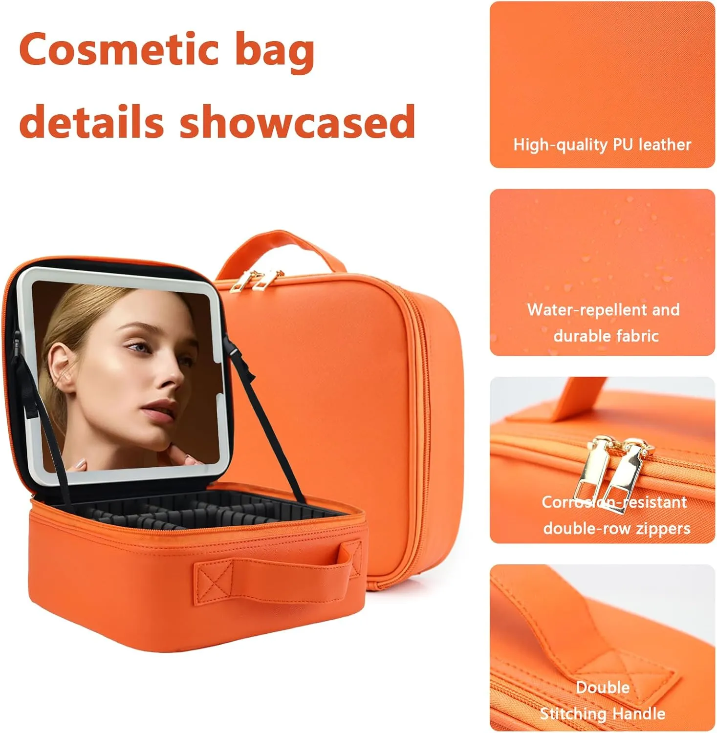 Travel Makeup Bag with LED Lighted Mirror, Travel Makeup Organizer,3 Color Setting Cosmetic Makeup Box, Adjustable Dividers and Brush Holder（orange）