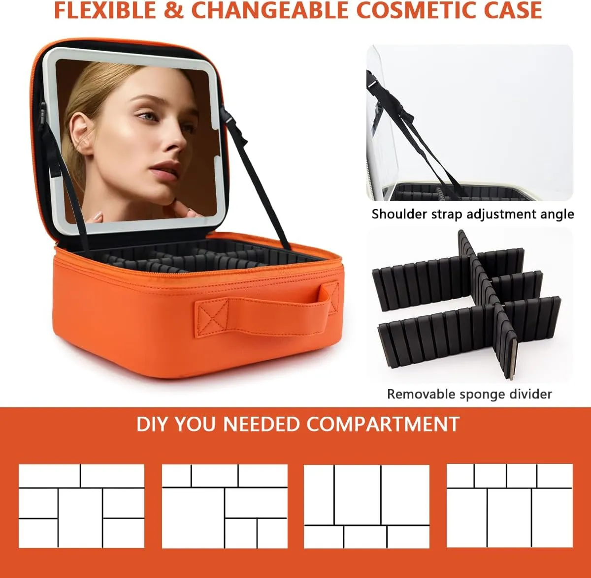 Travel Makeup Bag with LED Lighted Mirror, Travel Makeup Organizer,3 Color Setting Cosmetic Makeup Box, Adjustable Dividers and Brush Holder（orange）