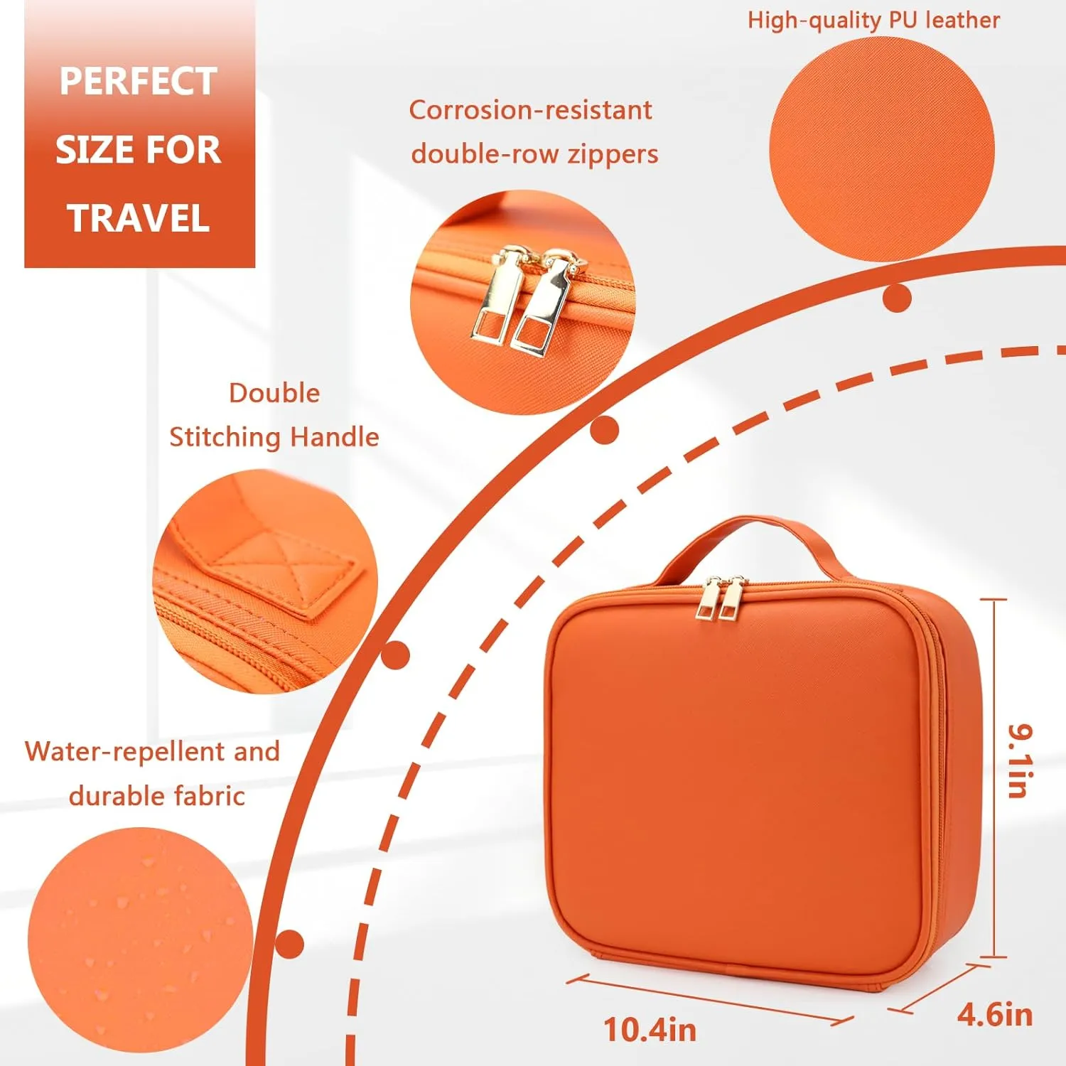 Travel Makeup Bag with LED Lighted Mirror, Travel Makeup Organizer,3 Color Setting Cosmetic Makeup Box, Adjustable Dividers and Brush Holder（orange）