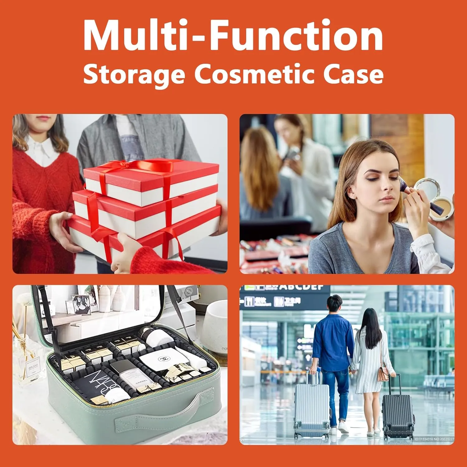 Travel Makeup Bag with LED Lighted Mirror, Travel Makeup Organizer,3 Color Setting Cosmetic Makeup Box, Adjustable Dividers and Brush Holder（orange）