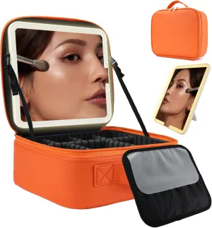 Travel Makeup Bag with LED Lighted Mirror, Travel Makeup Organizer,3 Color Setting Cosmetic Makeup Box, Adjustable Dividers and Brush Holder（orange）
