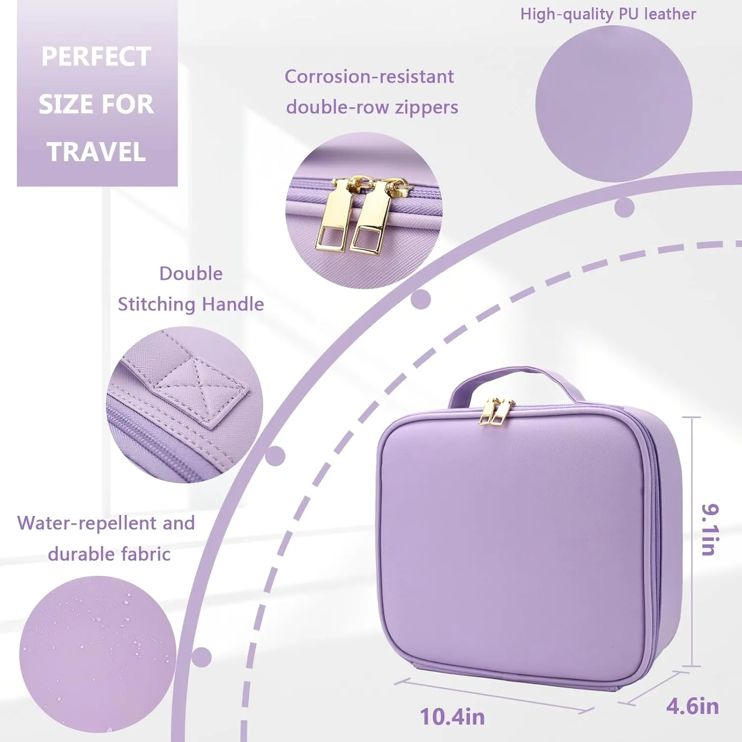 Travel Makeup Bag with LED Lighted Mirror, Travel Makeup Organizer,3 Color Setting Cosmetic Makeup Box, Adjustable Dividers and Brush Holder（Purple）