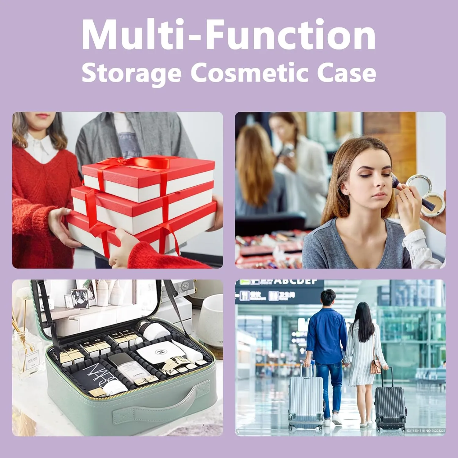 Travel Makeup Bag with LED Lighted Mirror, Travel Makeup Organizer,3 Color Setting Cosmetic Makeup Box, Adjustable Dividers and Brush Holder（Purple）