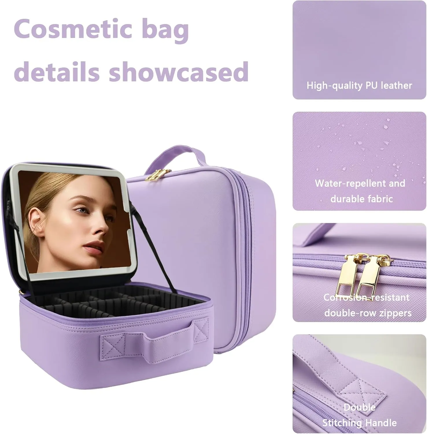 Travel Makeup Bag with LED Lighted Mirror, Travel Makeup Organizer,3 Color Setting Cosmetic Makeup Box, Adjustable Dividers and Brush Holder（Purple）