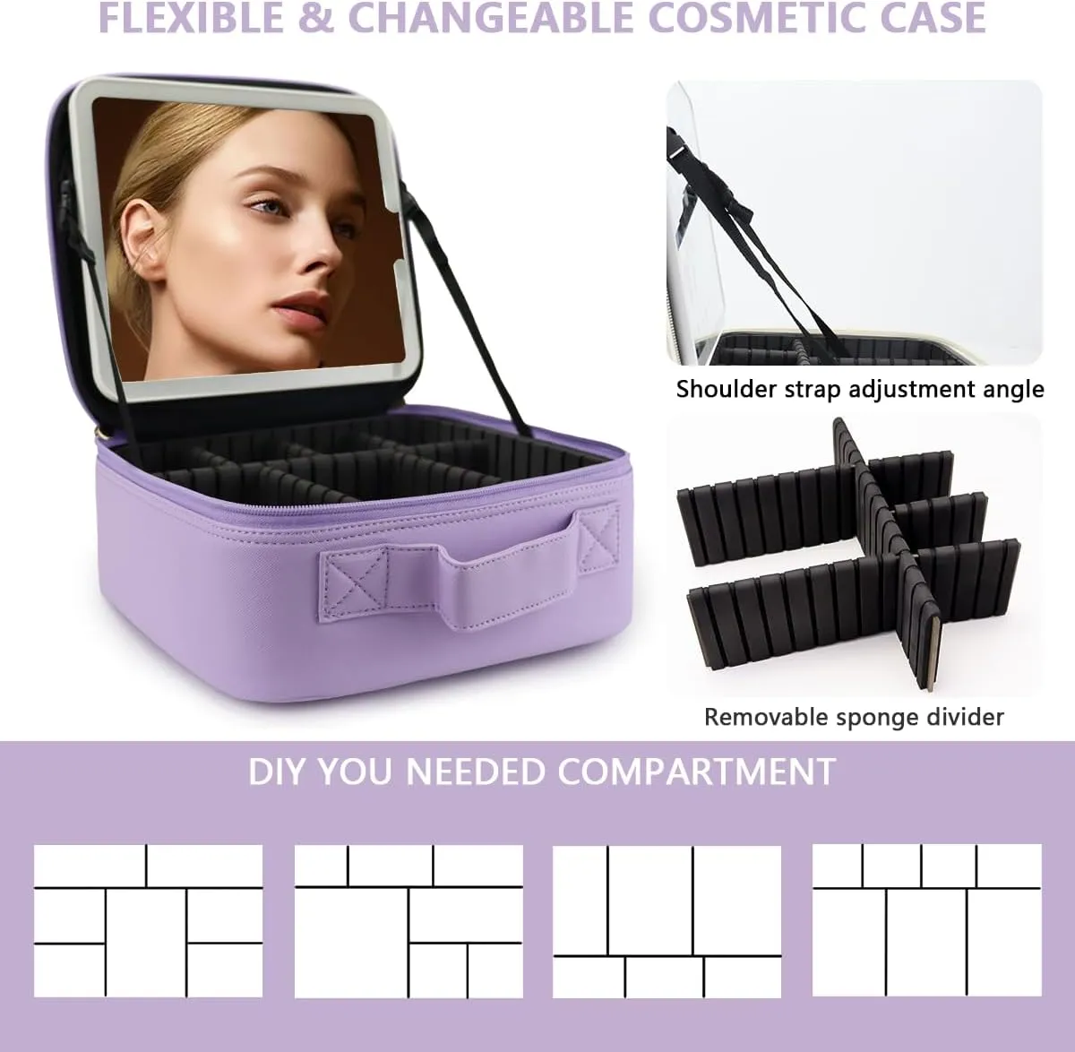 Travel Makeup Bag with LED Lighted Mirror, Travel Makeup Organizer,3 Color Setting Cosmetic Makeup Box, Adjustable Dividers and Brush Holder（Purple）