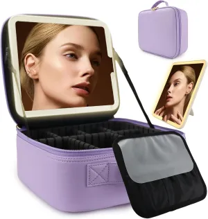 Travel Makeup Bag with LED Lighted Mirror, Travel Makeup Organizer,3 Color Setting Cosmetic Makeup Box, Adjustable Dividers and Brush Holder（Purple）