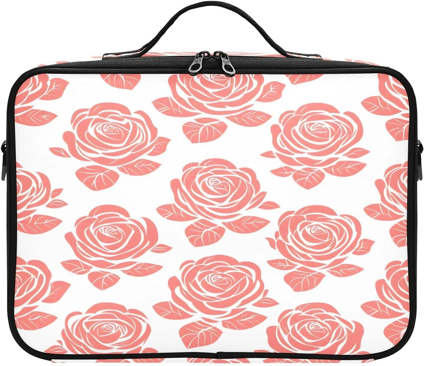 Travel Makeup Train Case Coral Rose Flower Pattern Cosmetic Organizer Portable Storage Bag with Adjustable Dividers for Cosmetics Brushes Toiletry Jewelry Digital Accessories