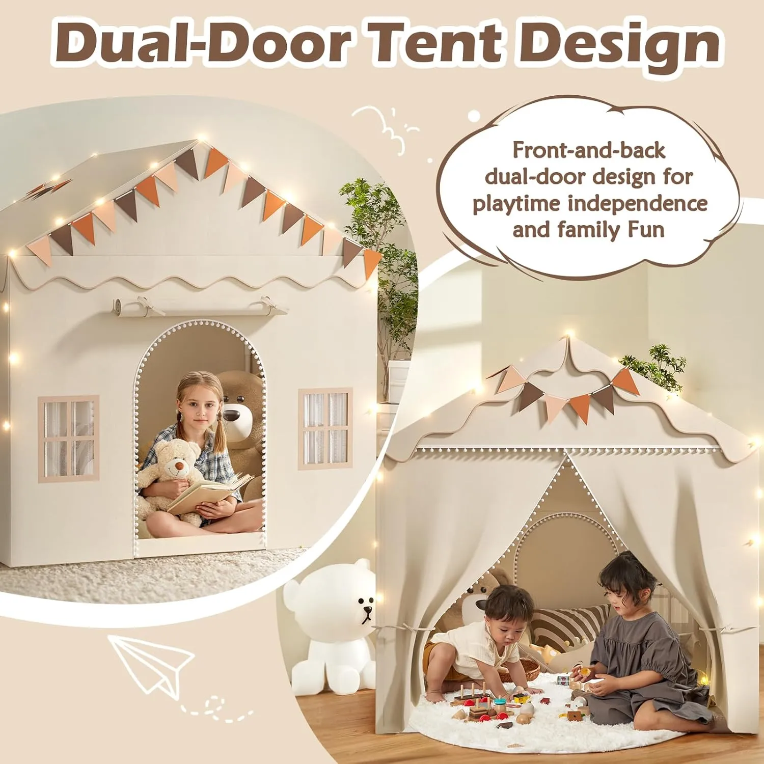 Treestone Play Tent for Kids, 2 in 1 Toddler Tent with Padded Mat and Light, Large Playhouse for Kids Indoor & Outdoor, 2 Doors and 4 Windows, 51" x 39" x 53", Toy Gift for Boys and Girls