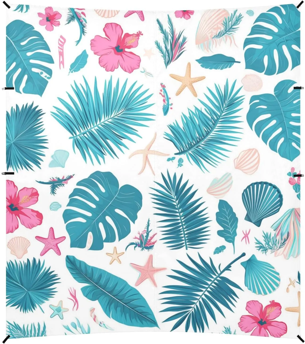Tropical Red Flowers Palm Leaves Starfish Bright Turquoise Stable Beach Tent UPF50  Easy Setup Sun Shade with Sandbags & Sand Shovel for Camping, Picnics, Backyard