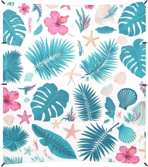 Tropical Red Flowers Palm Leaves Starfish Bright Turquoise Stable Beach Tent UPF50  Easy Setup Sun Shade with Sandbags & Sand Shovel for Camping, Picnics, Backyard