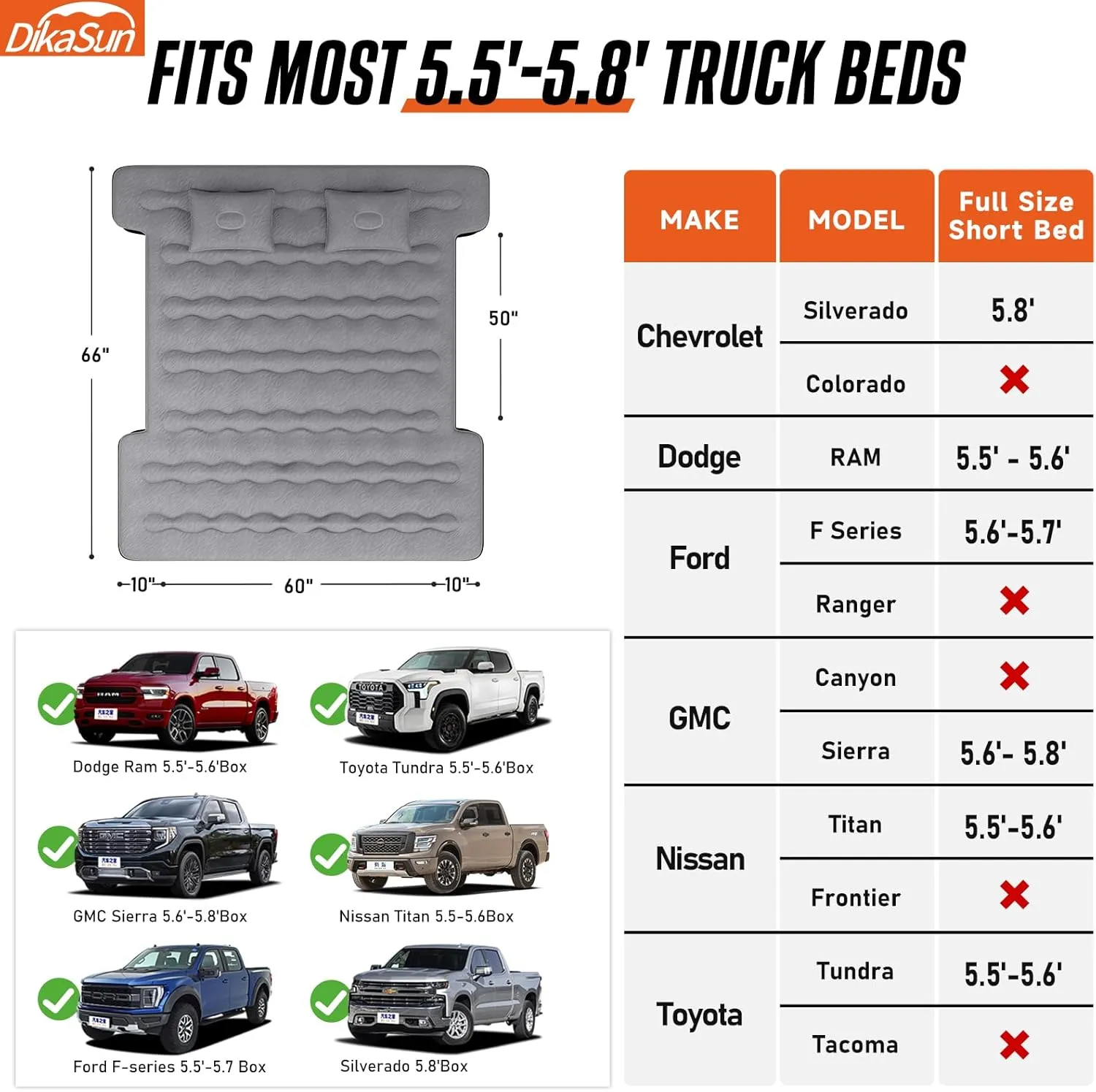 Truck Bed Air Mattress for 5.5-5.8Ft Inflatable Air Mattress for Full Size Short Truck Beds Pickup Air Mattress for Camping Truck Tent Accessories with Pump & Carry Bag (Grey)