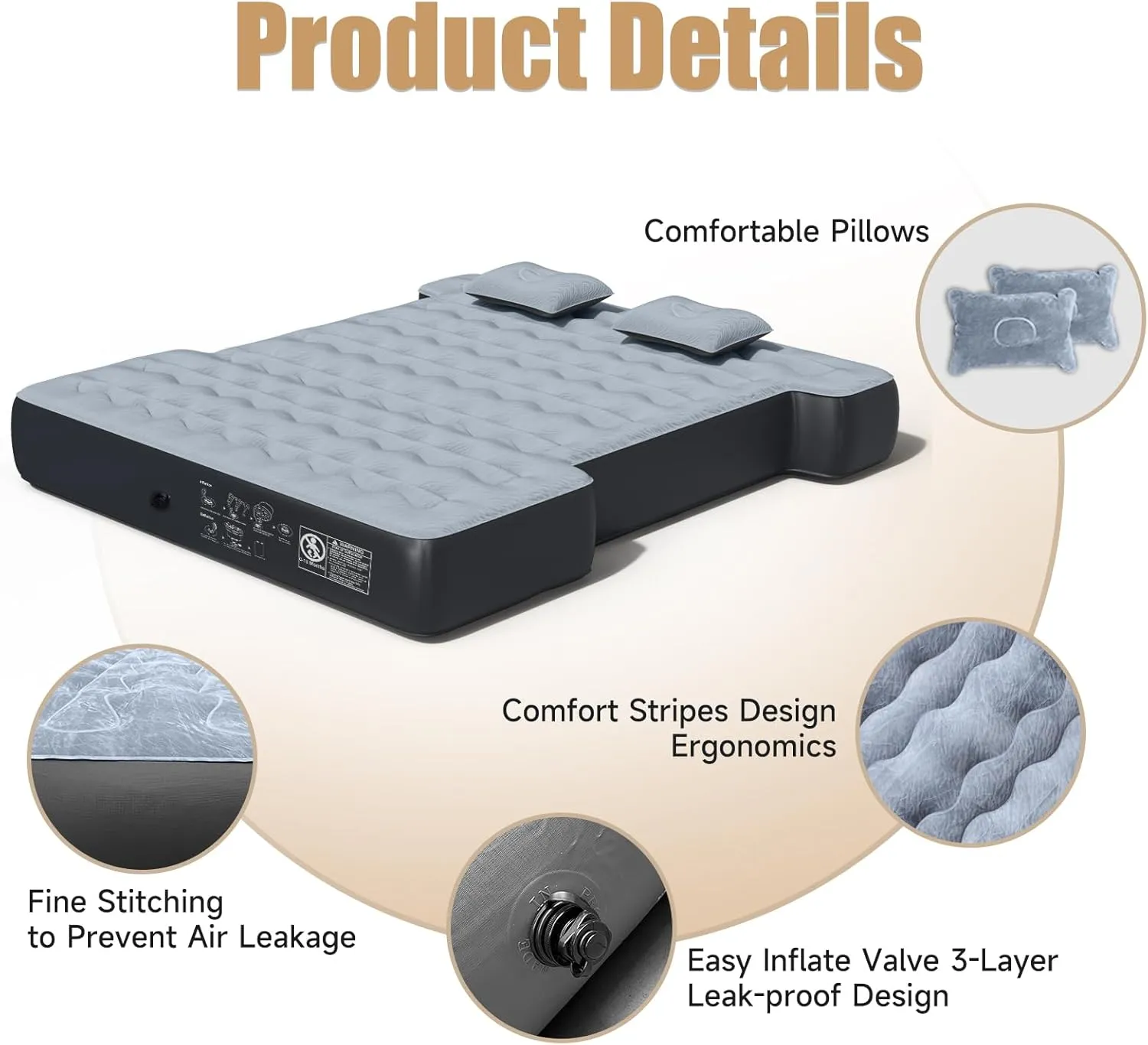 Truck Bed Air Mattress for 5.5-5.8Ft Inflatable Air Mattress for Full Size Short Truck Beds Pickup Air Mattress for Camping Truck Tent Accessories with Pump & Carry Bag (Grey)