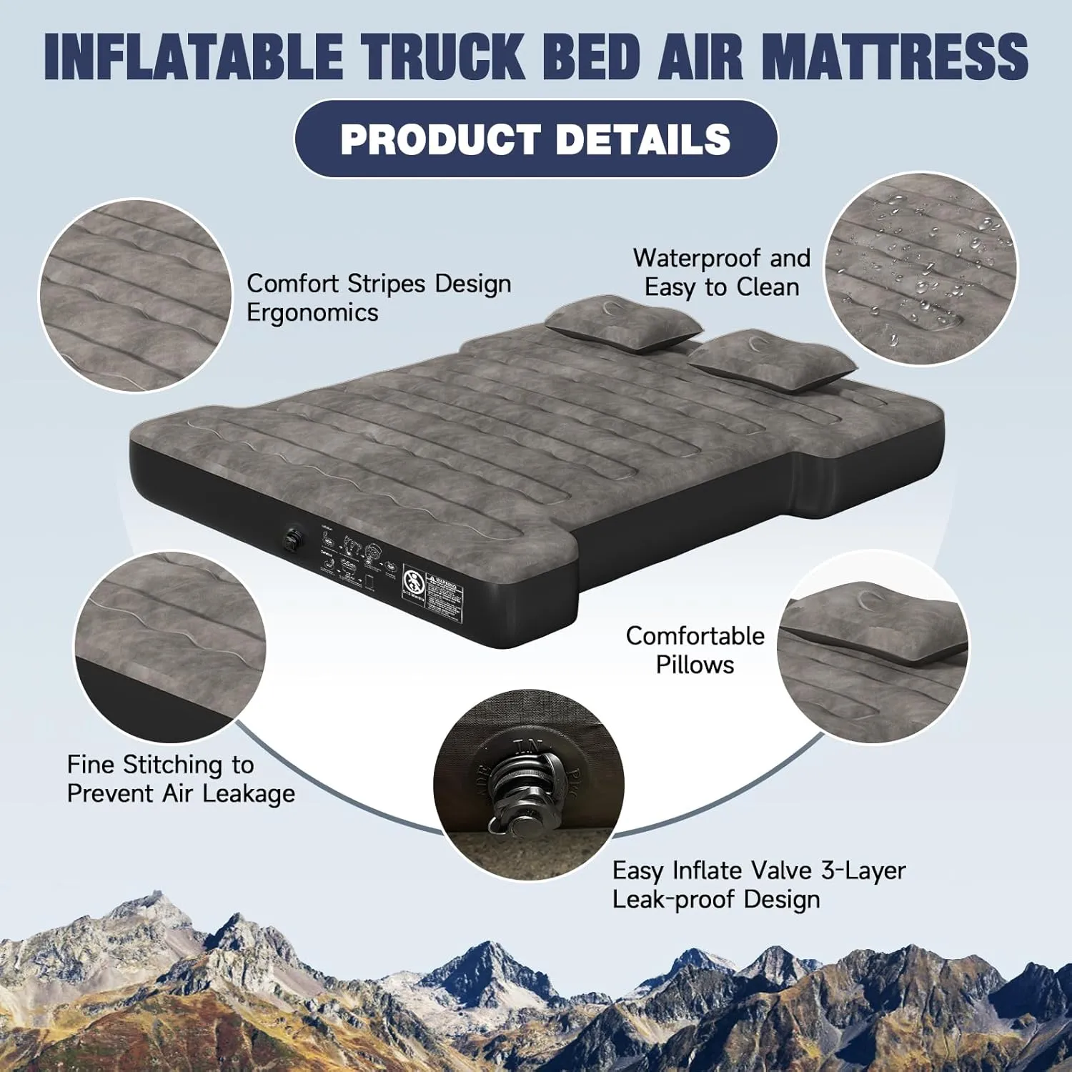 Truck Bed Mattress 5.5-5.8ft: Inflatable Air Mattress for Camping Short Truck Bed 2 Person, Air Pump 2 Pillows, Carry Bag, Khaki