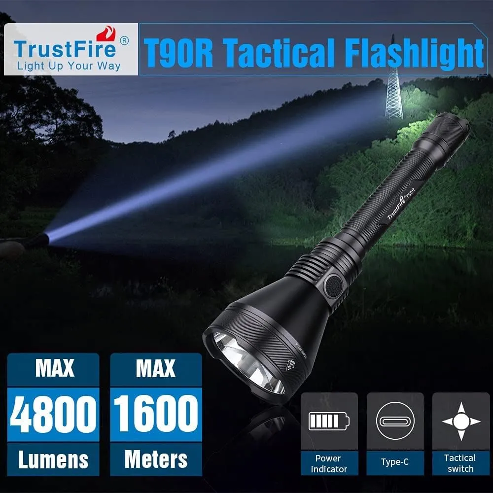 TrustFire T90R Kit High Power 4800 Lumens LED Hunting Flashlight, Long Range Rechargeable Tactical Flashlight 1600 Meters Super Bright Waterproof Waterproof for Hunting Search and Rescue