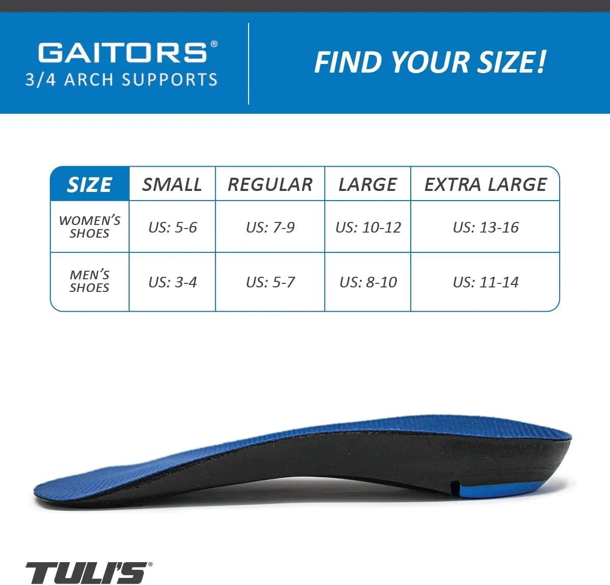 Tuli's Gaitors 3/4 Length Premium Arch Support Orthotic Insoles for Plantar Fasciitis and Fallen Arches, Medium