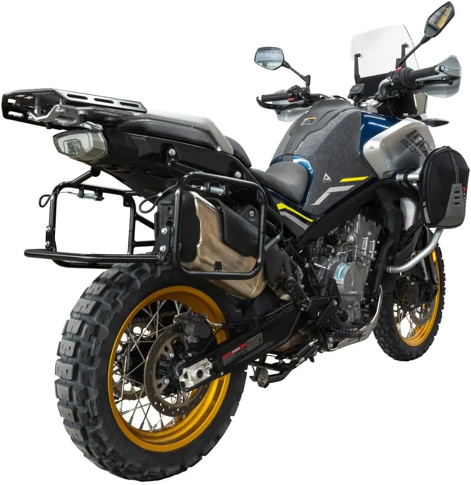 TUSK V2 Aluminum Pannier Boxes with Steel Pannier Racks- Fits CFMOTO IBEX 800 2023-2025 - Includes Lid Handles (Medium, Black)