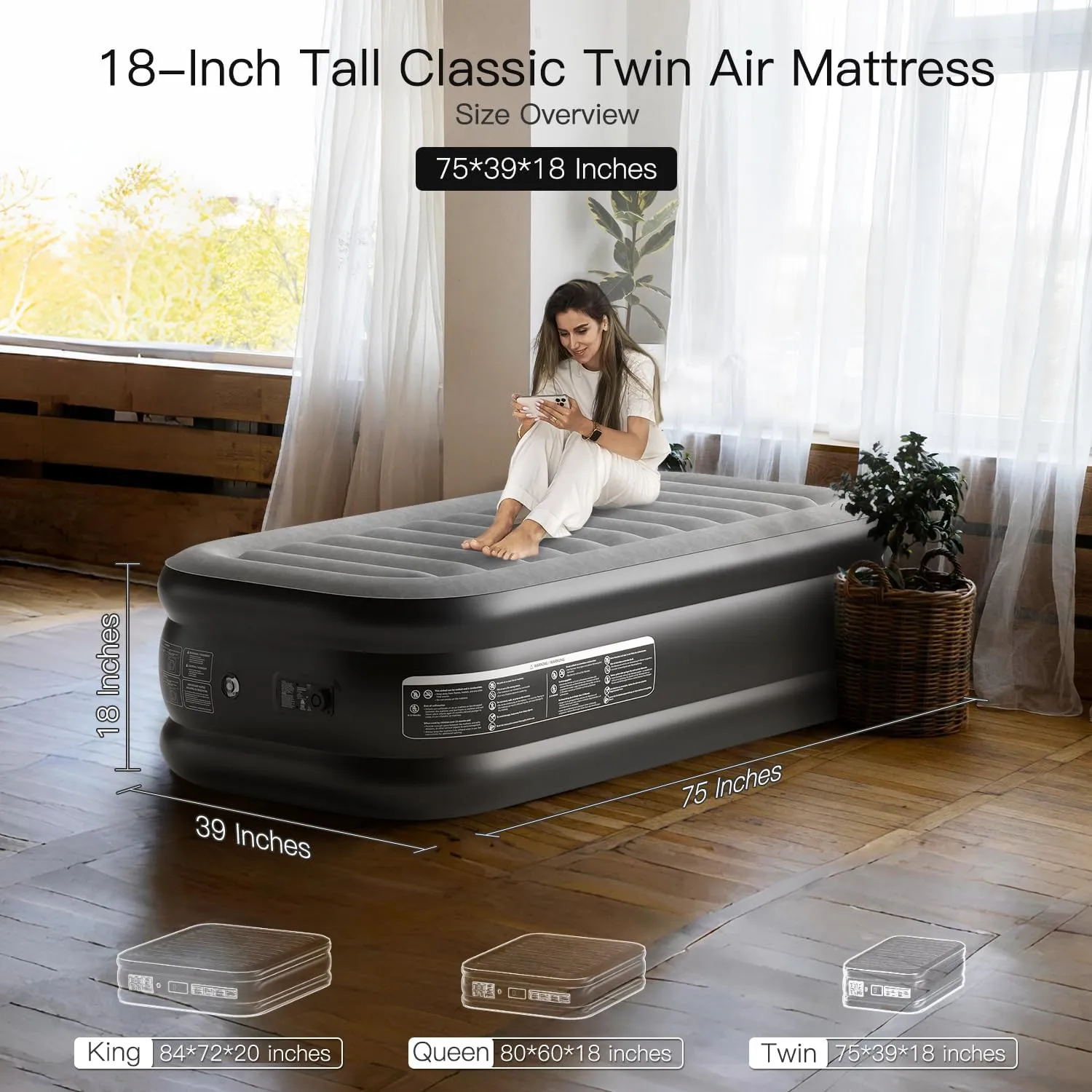 Twin Air Mattress 18 Inches High King Air Bed Mattress with Built in Pump 1 Button to Start Inflate Deflate 3 Mins Fast Self Inflating Air Mattress Suitable Indoor Outdoor