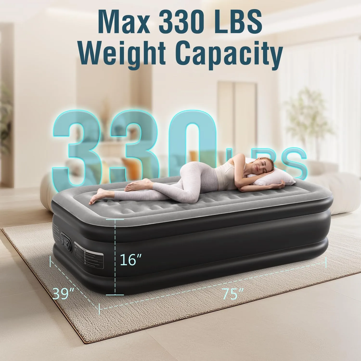 Twin Air Mattress Twin with Built in Pump 16" Double Height Inflatable Mattress with Soft Flocked Top & Carry Bag Adjustable Blow Up Mattress Portable Air Bed for Guest Indoor Travel-Black
