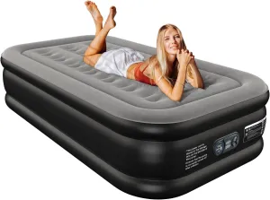 Twin Air Mattress Twin with Built in Pump 16" Double Height Inflatable Mattress with Soft Flocked Top & Carry Bag Adjustable Blow Up Mattress Portable Air Bed for Guest Indoor Travel-Black