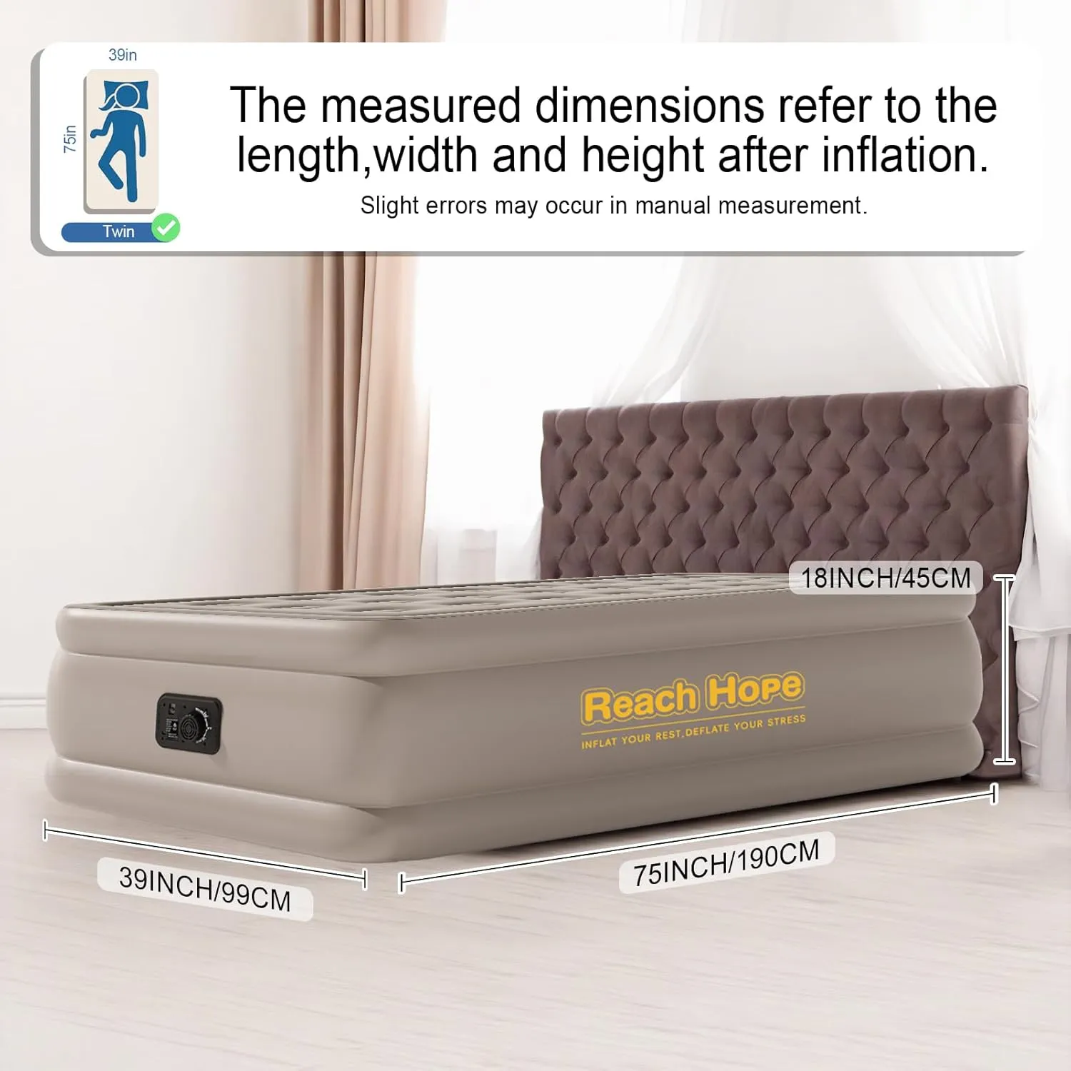 Twin Air Mattress with Built-in Pump - 18" Height Self-Inflating Blow Up Bed for Guests, Camping & Home Use, Waterproof Inflatable Mattress with Carry Bag - Portable Single Airbed (18" Khaki)