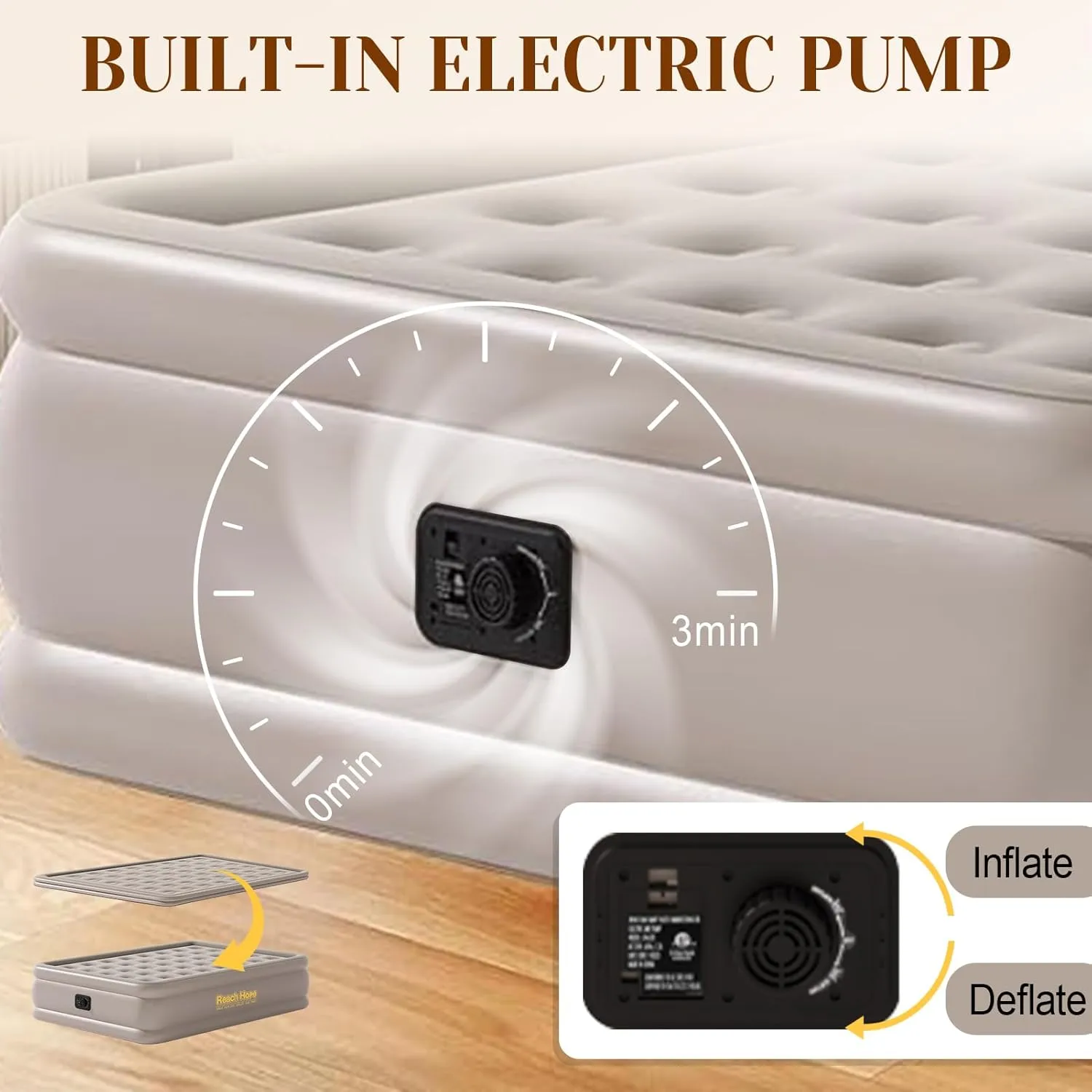 Twin Air Mattress with Built-in Pump - 18" Height Self-Inflating Blow Up Bed for Guests, Camping & Home Use, Waterproof Inflatable Mattress with Carry Bag - Portable Single Airbed (18" Khaki)