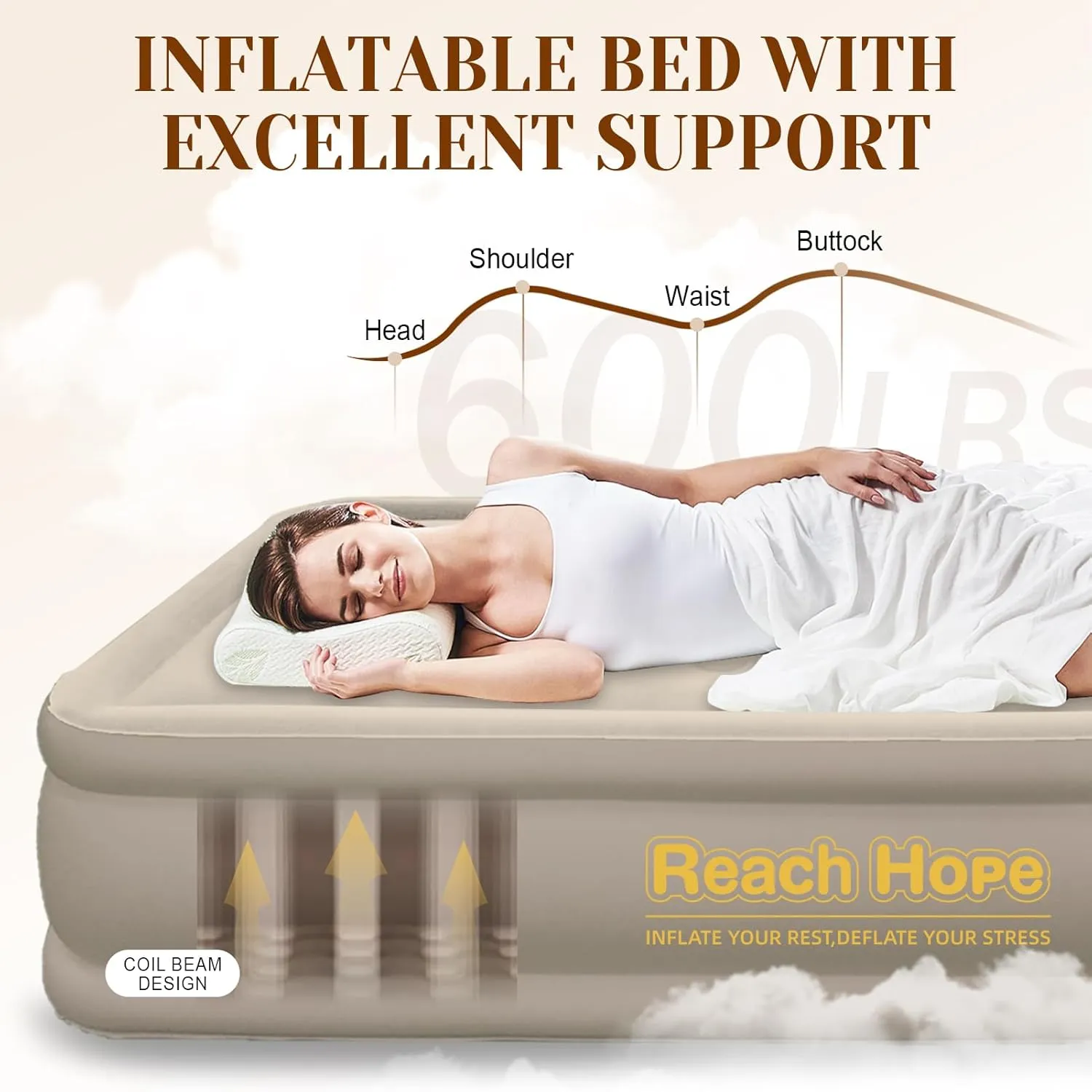 Twin Air Mattress with Built-in Pump - 18" Height Self-Inflating Blow Up Bed for Guests, Camping & Home Use, Waterproof Inflatable Mattress with Carry Bag - Portable Single Airbed (18" Khaki)